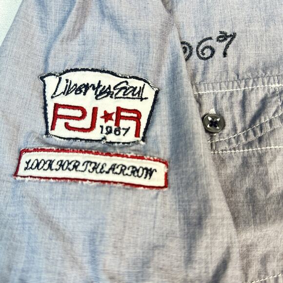 Projek Raw Shirt Mens sz M Button Up Short Sleeve Blue Embroidered Remember 1967 - Picture 10 of 11